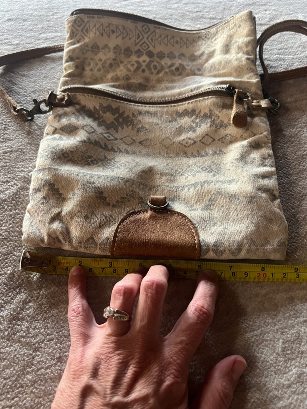 Myra Neutral Patterned Canvas Crossbody Bag with cowhide Trim - Picture 8 of 8